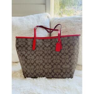 NWT Coach 5696 City Tote Bag in Signature Coated Canvas Khaki Miami Red $398